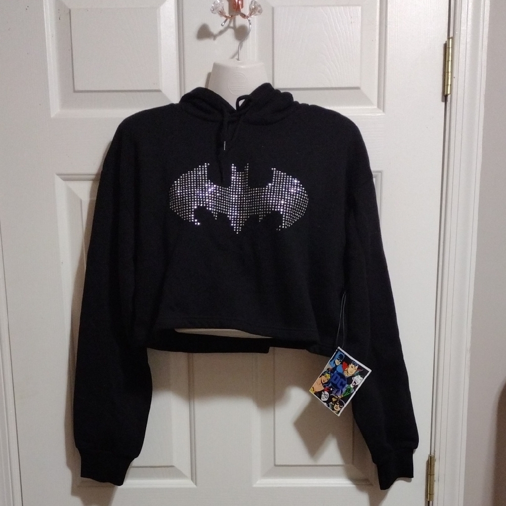 DC Comics x Forever 21 Black Rhinestone Batman Logo Cropped Hoodie Small 🆕